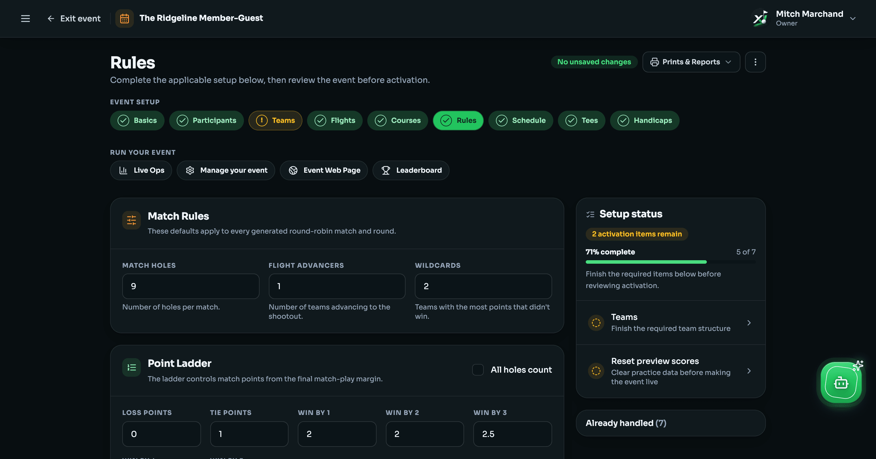 GolfXI member-guest match rules and point ladder in dark mode