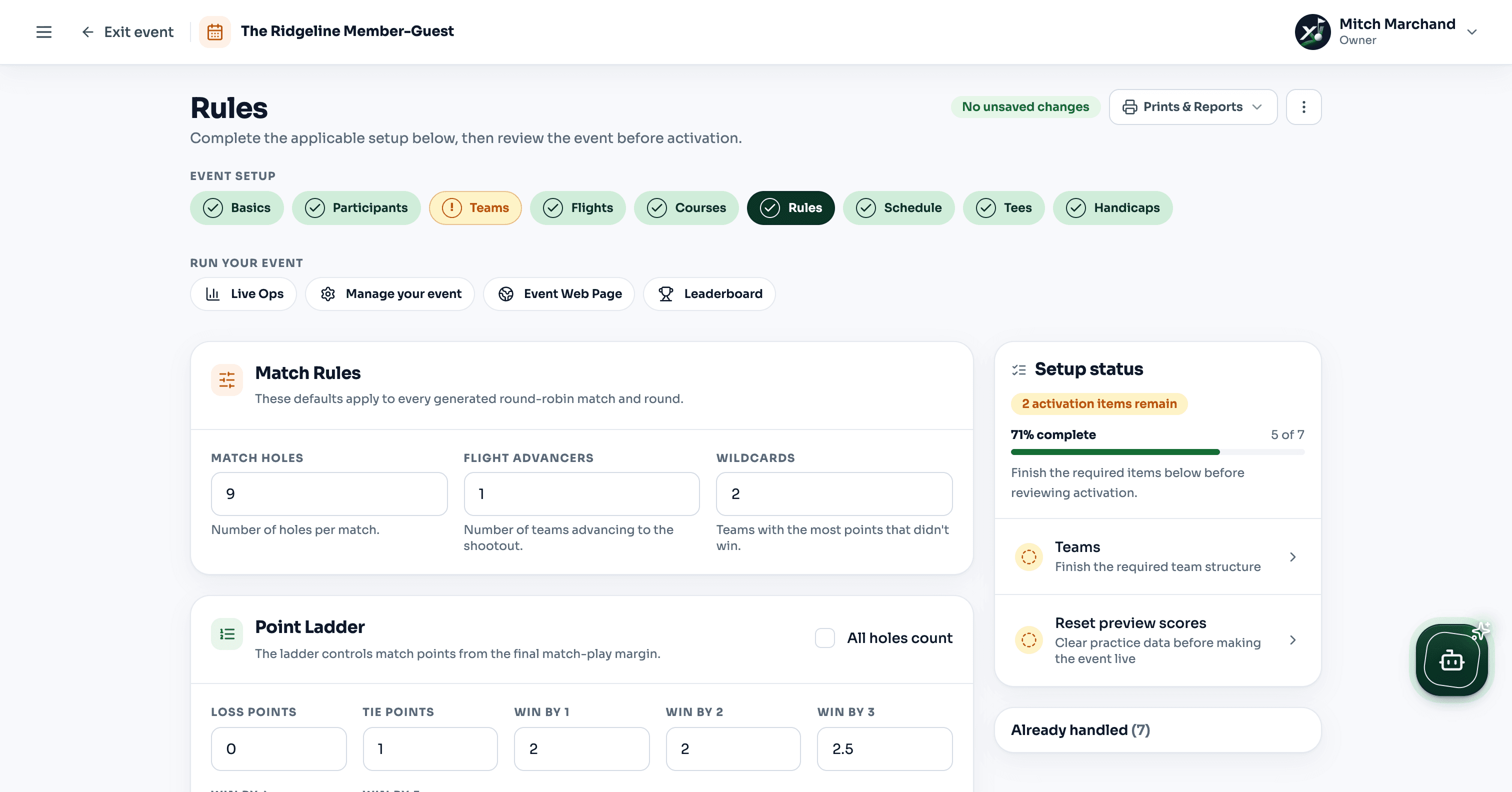 GolfXI member-guest match rules and point ladder in light mode