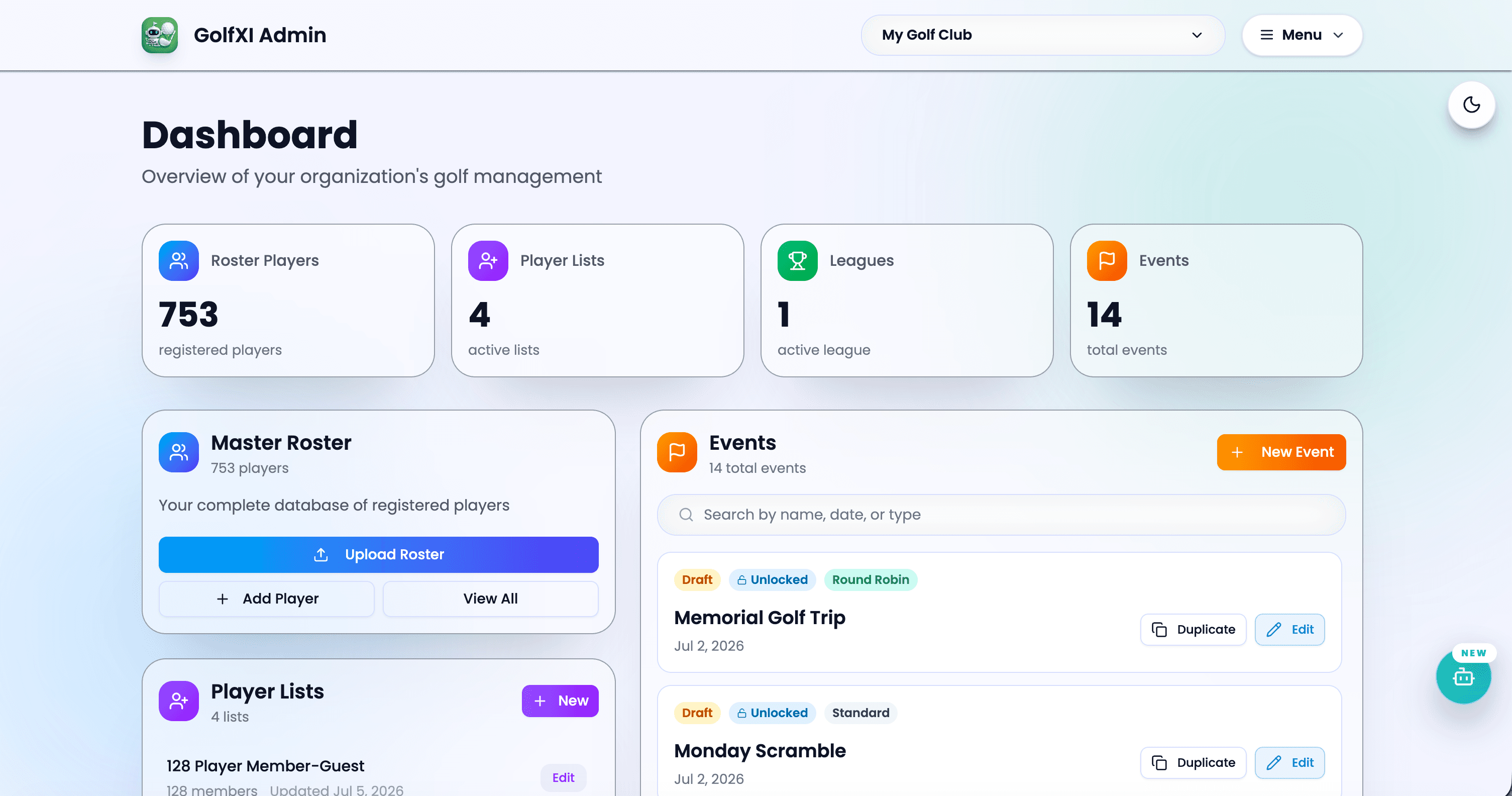 GolfXI admin dashboard screenshot in light mode