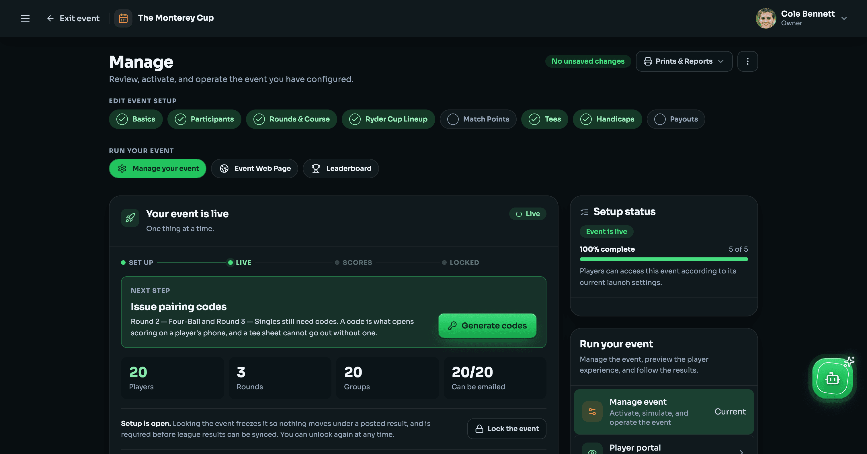 GolfXI event review step showing setup status and the next action in dark mode