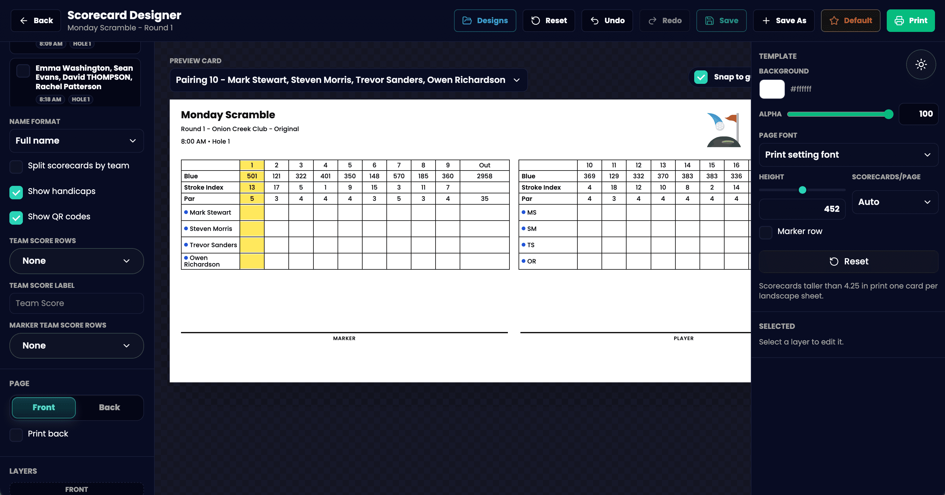 GolfXI scorecard designer screenshot in dark mode