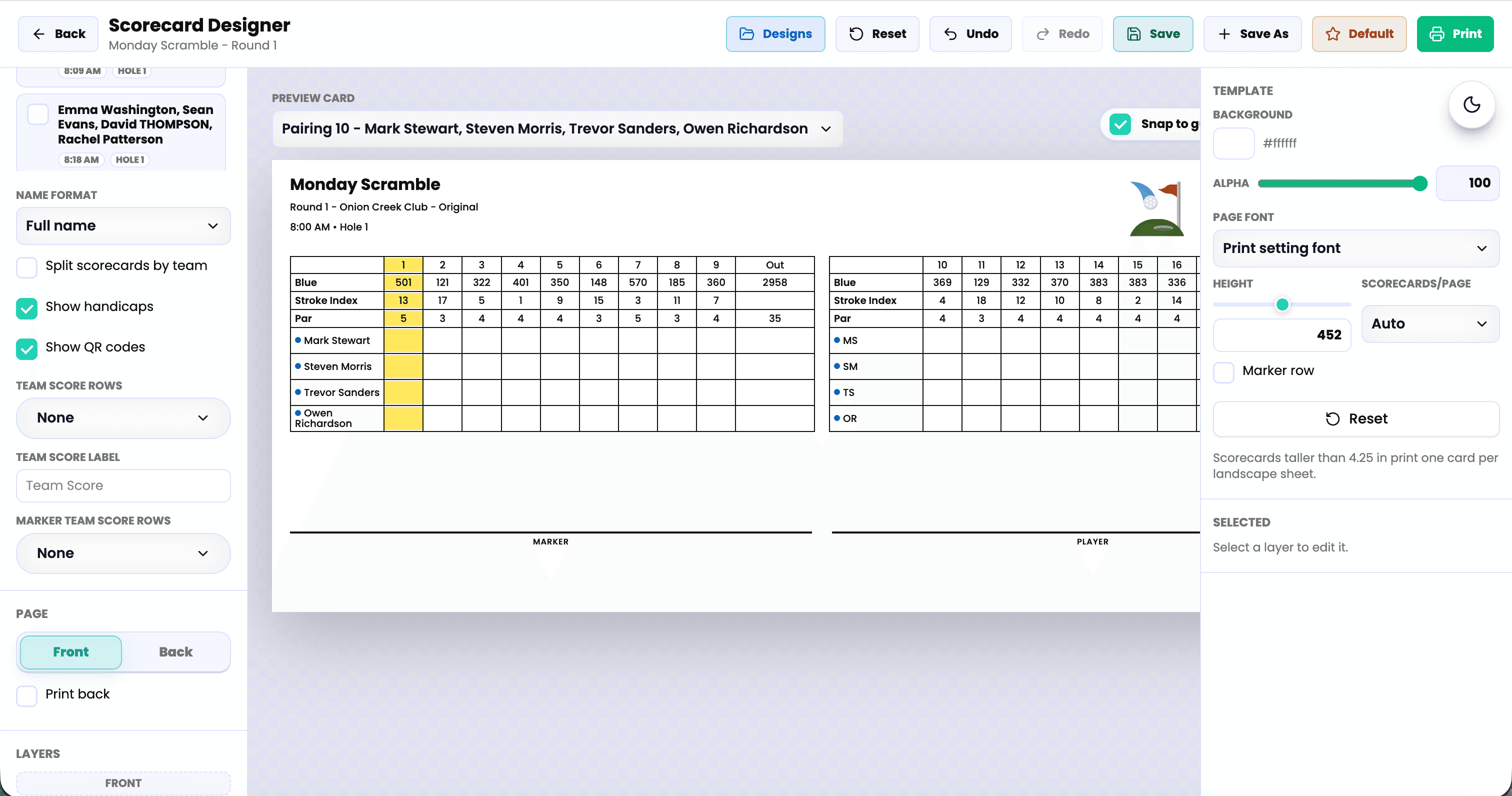 GolfXI scorecard designer screenshot in light mode